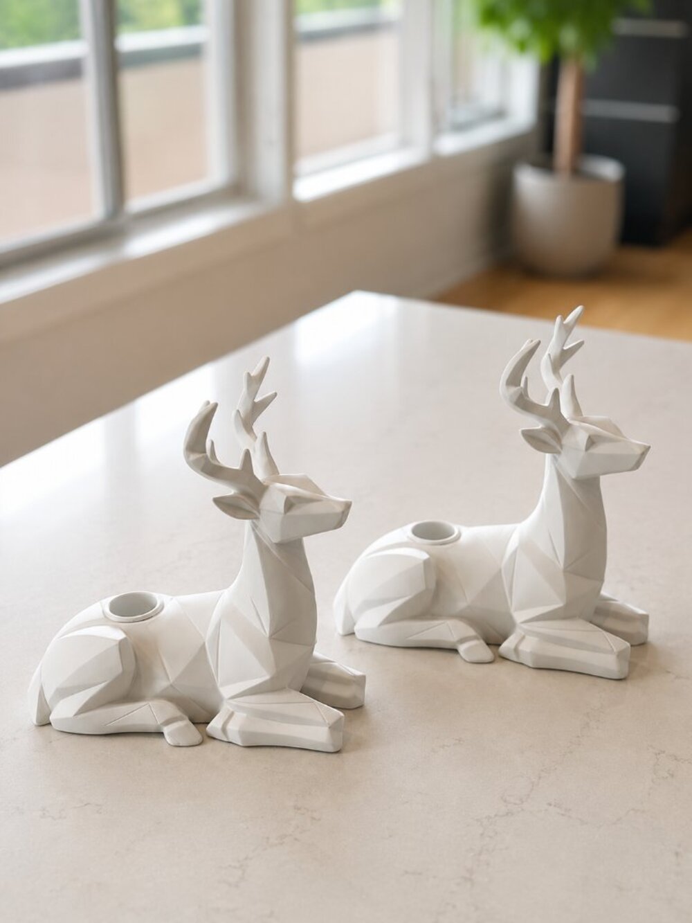 Pair of 2 White Geometric Deer Candle Holders | Modern Low Poly Origami Decor